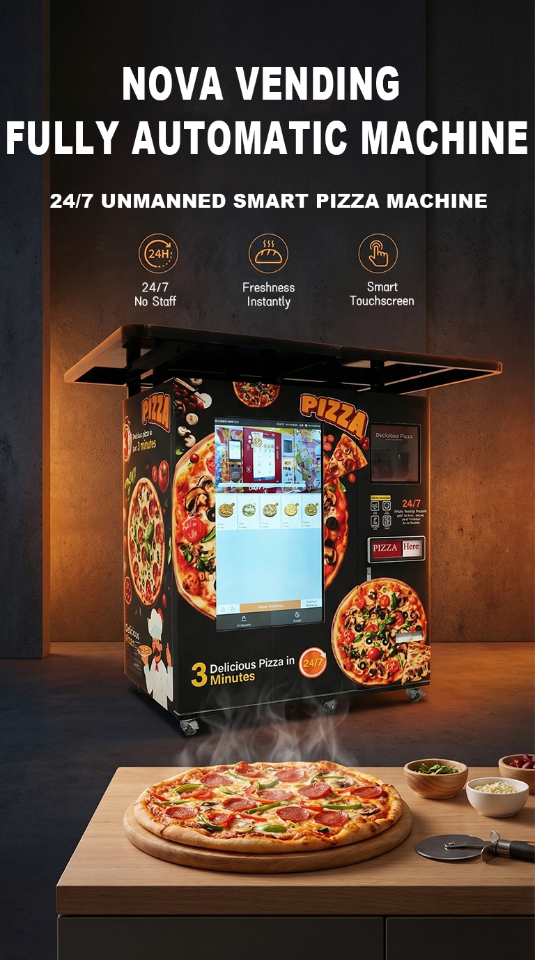 Pizza vending machine with smart touchscreen and automatic hot pizza service