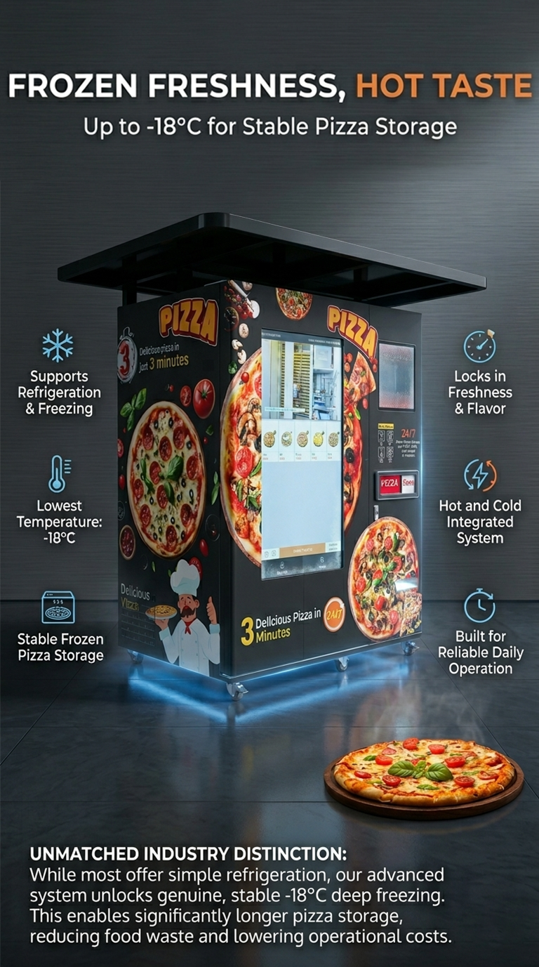 Pizza vending machine with frozen storage system up to minus 18 degrees Celsius