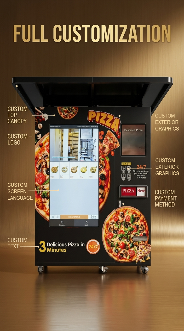 NOVA customizable pizza vending machine with logo payment and language options
