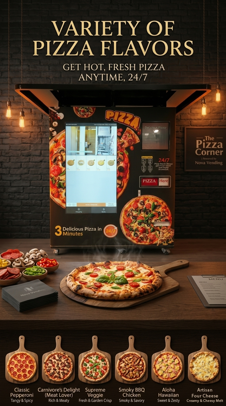 NOVA pizza vending machine with multiple pizza flavor options