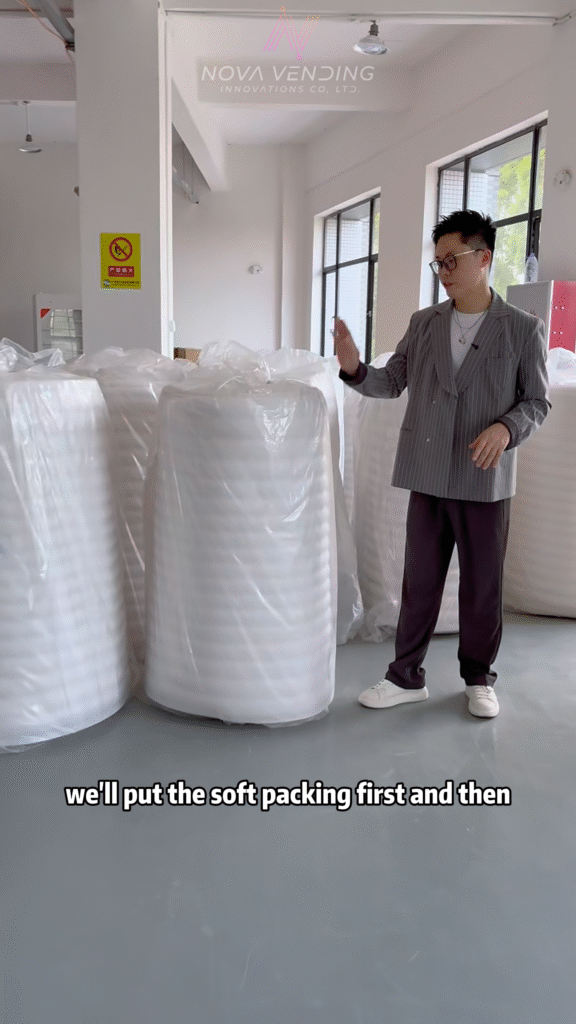 Phone case vending machine being protected with foam and crated for export packaging