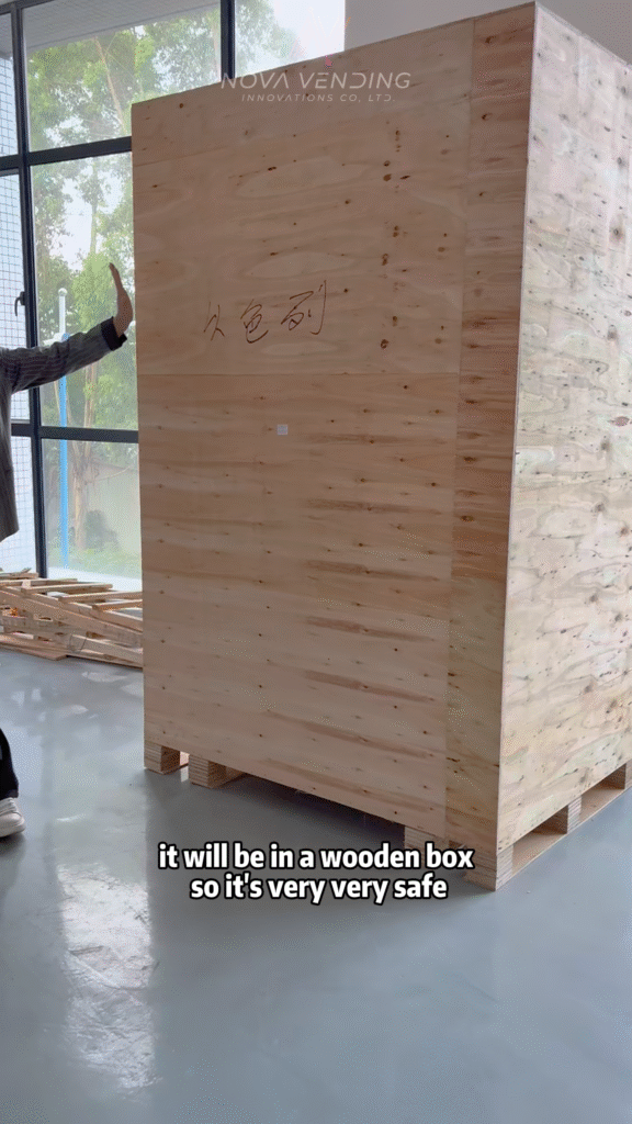 Phone case vending machine being protected with foam and crated for export packaging