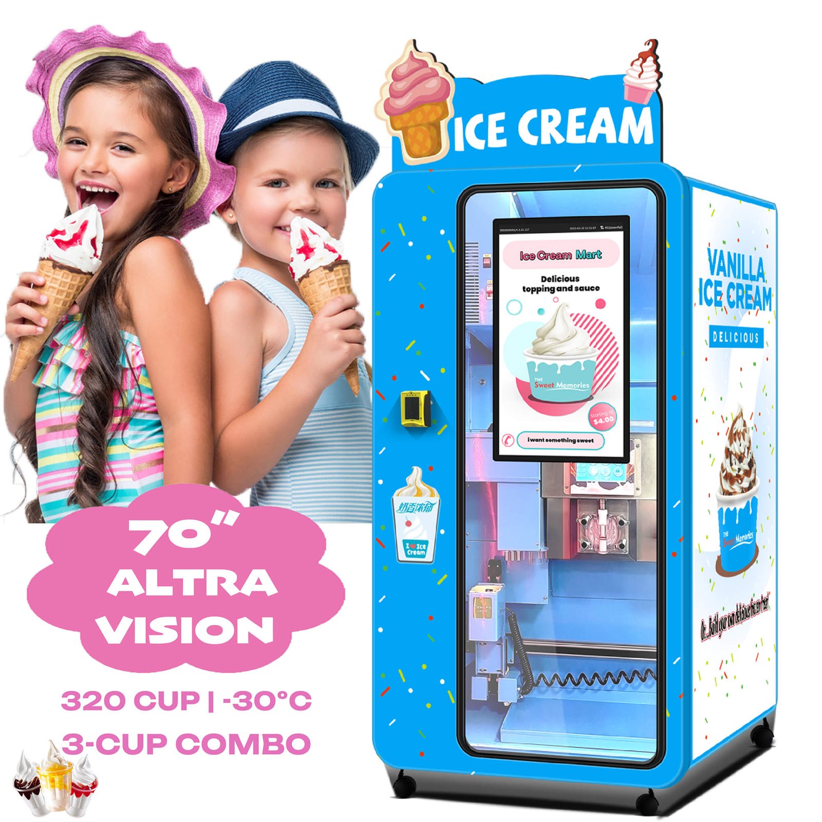 2026 NEW! Altra-Vision: Ice Cream Vending Machine | 70” Window, 320 Cups, -30°C(-22°F) Cooling, 3-Cup Combo, R448A/R449A EU Refrigerant!