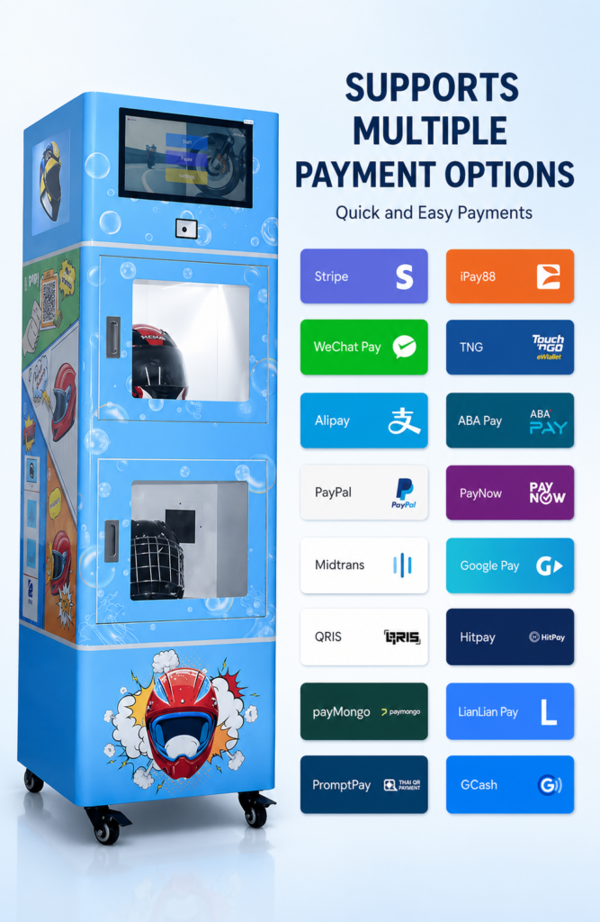 Nova Vending helmet cleaning machine with multiple payment options for self-service helmet cleaning
