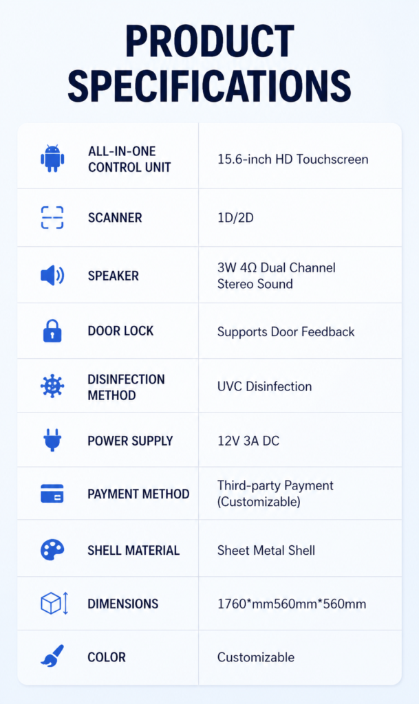 Nova Vending helmet cleaning machine product specifications with 15.6-inch touchscreen, scanner, UVC disinfection, payment, and dimensions
