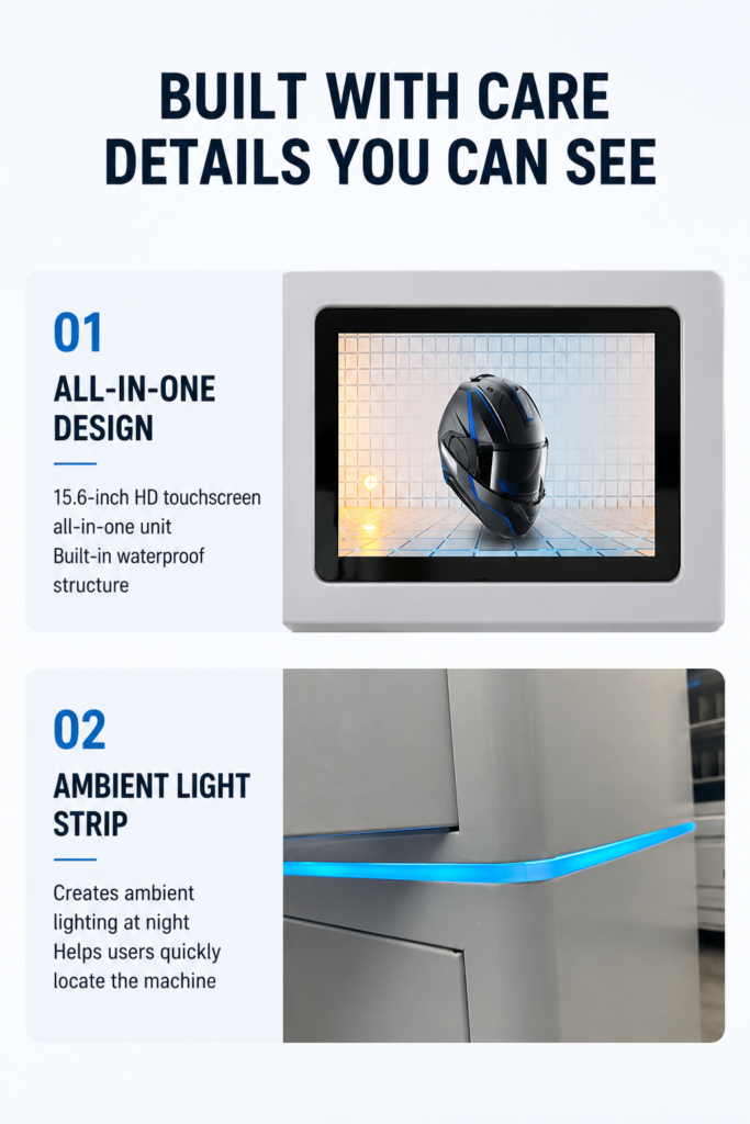 Nova Vending helmet cleaning machine details showing 15.6-inch HD touchscreen and ambient light strip