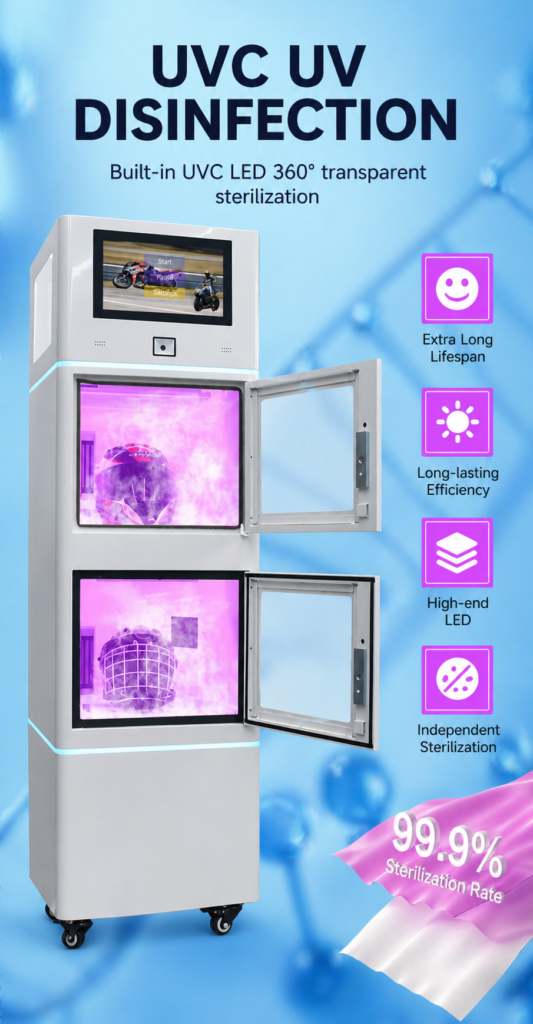 Nova Vending helmet cleaning machine with UVC UV disinfection, 360-degree sterilization, and 99.9% sterilization rate