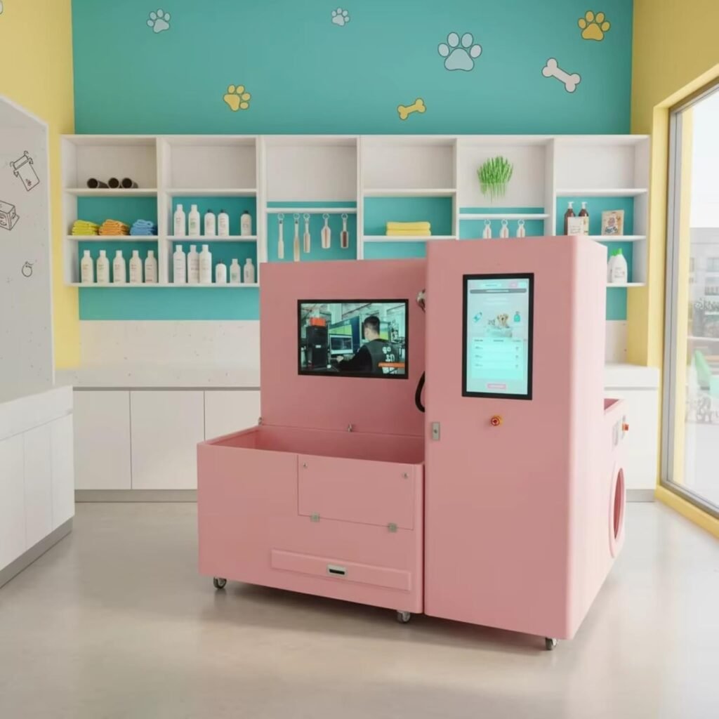 Nova Vending indoor pet washing station in pet store with touchscreen and self-service dog wash area