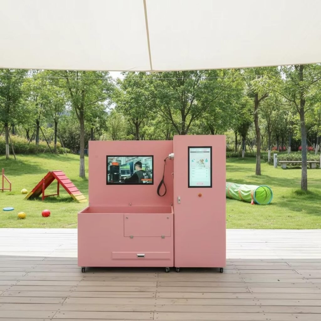 Nova Vending outdoor pet washing station in park location with touchscreen and self-service dog wash area