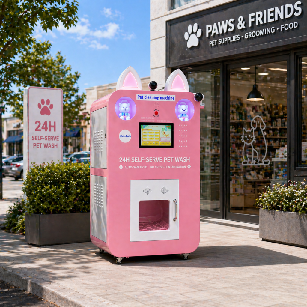Nova Vending pet washing vending machine outside a pet store entrance for 24H self-service pet wash