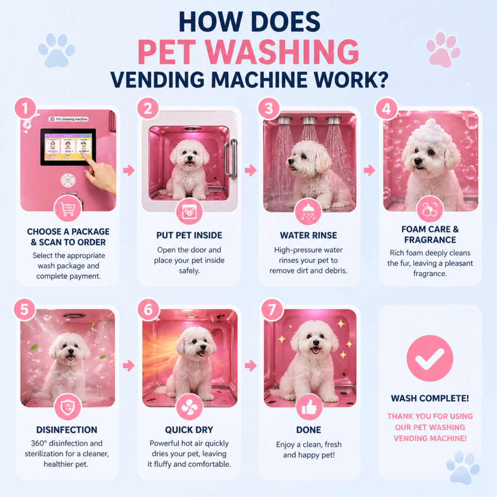 Nova Vending pet washing vending machine working process showing self-service wash, rinse, foam care, disinfection, quick dry, and completion steps
