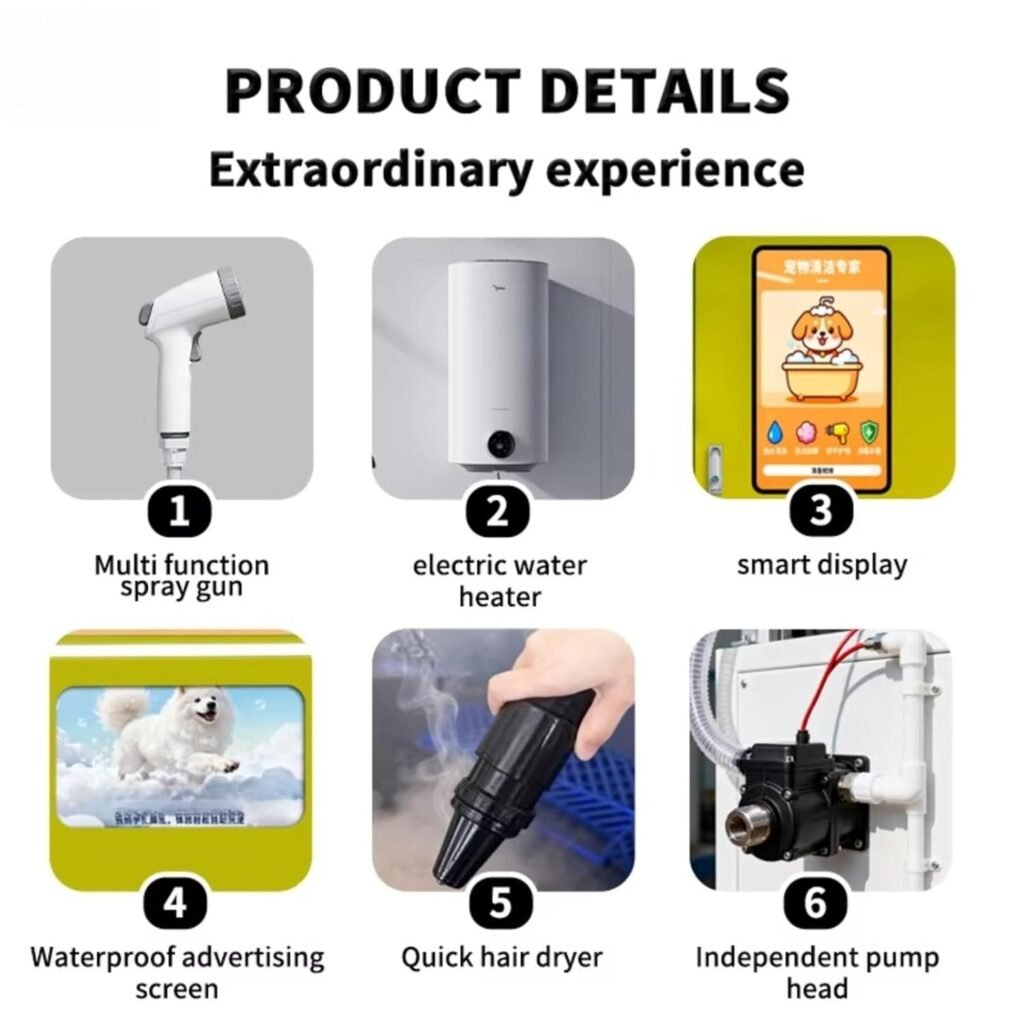 Nova Vending Pet Washing Vending Machine core components including spray gun, water heater, smart display, dryer, and pump system