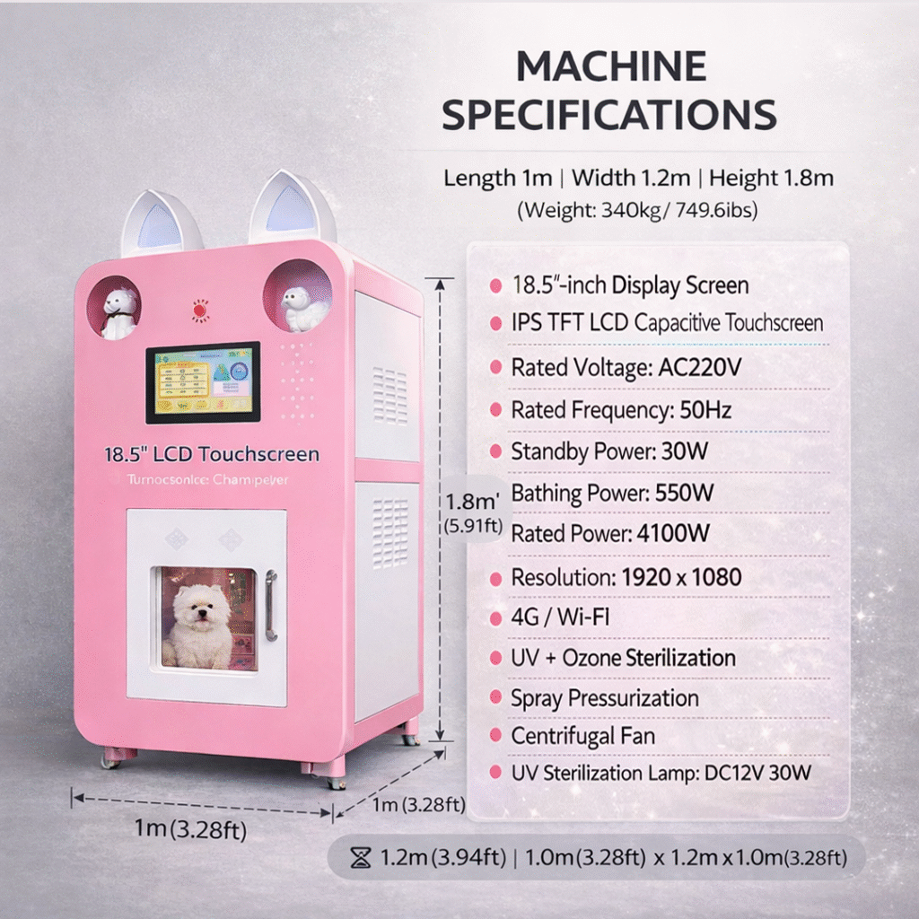Nova Vending Pet Washing Vending Machine specifications with dimensions, touchscreen, WiFi, and sterilization system