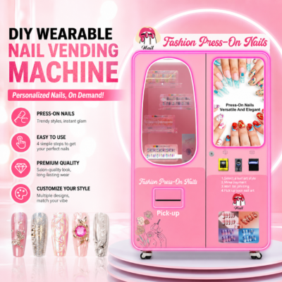 Nova Vending DIY wearable nail vending machine with press-on nails, style selection, payment module, and pickup area
