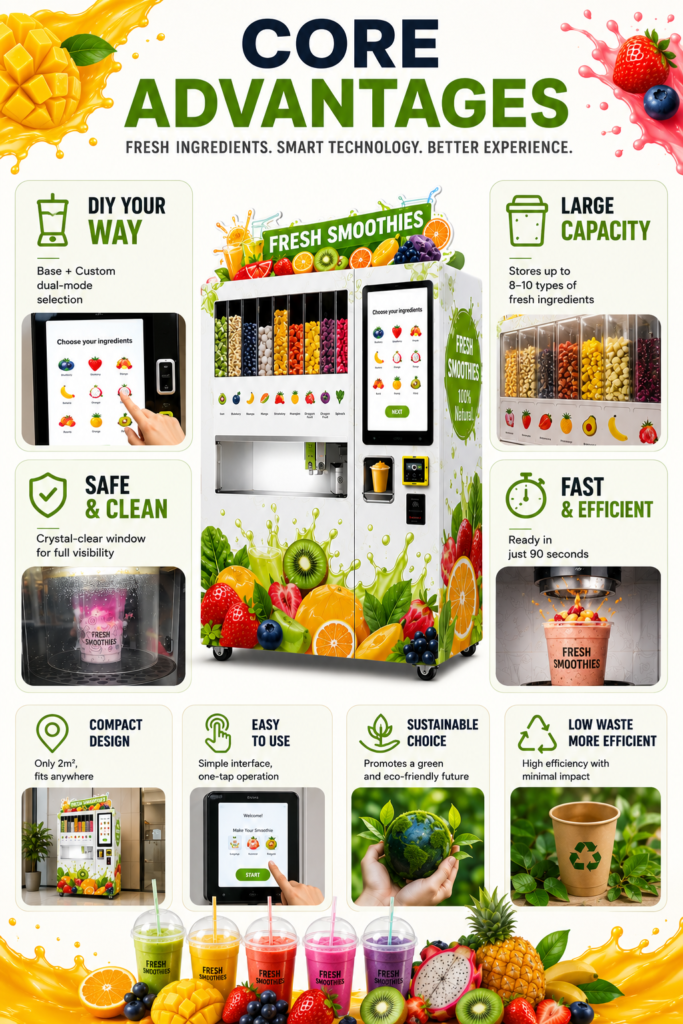 Nova Vending fresh smoothie vending machine core advantages with DIY selection, large capacity, 90-second smoothie making, and touchscreen operation