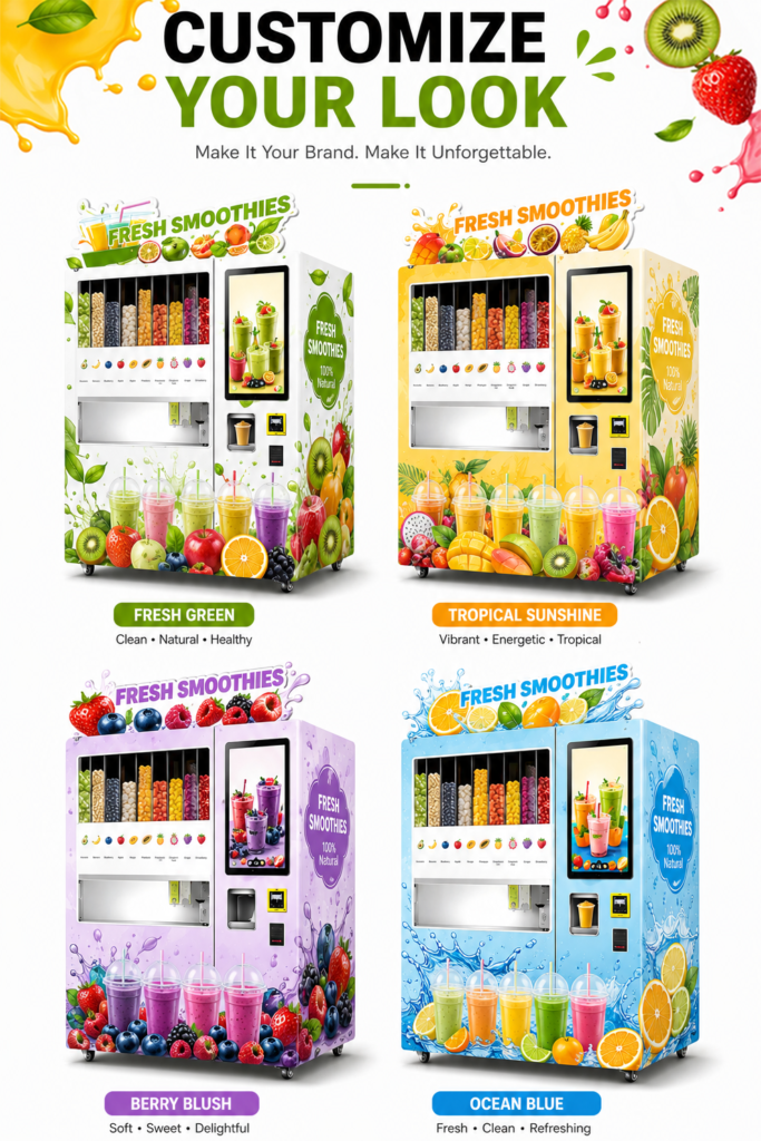 Nova Vending fresh smoothie vending machine custom design options with Fresh Green, Tropical Sunshine, Berry Blush, and Ocean Blue styles