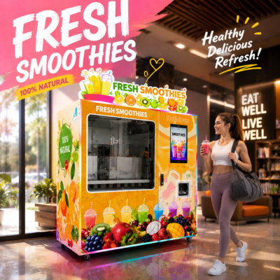 Nova Vending fresh smoothie vending machine in gym lifestyle scene with woman holding a healthy fresh smoothie