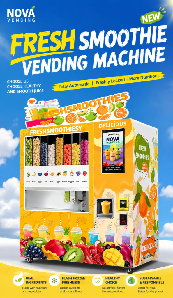 Nova Vending fresh smoothie vending machine main product image with real fruit ingredients and self-service smoothie ordering