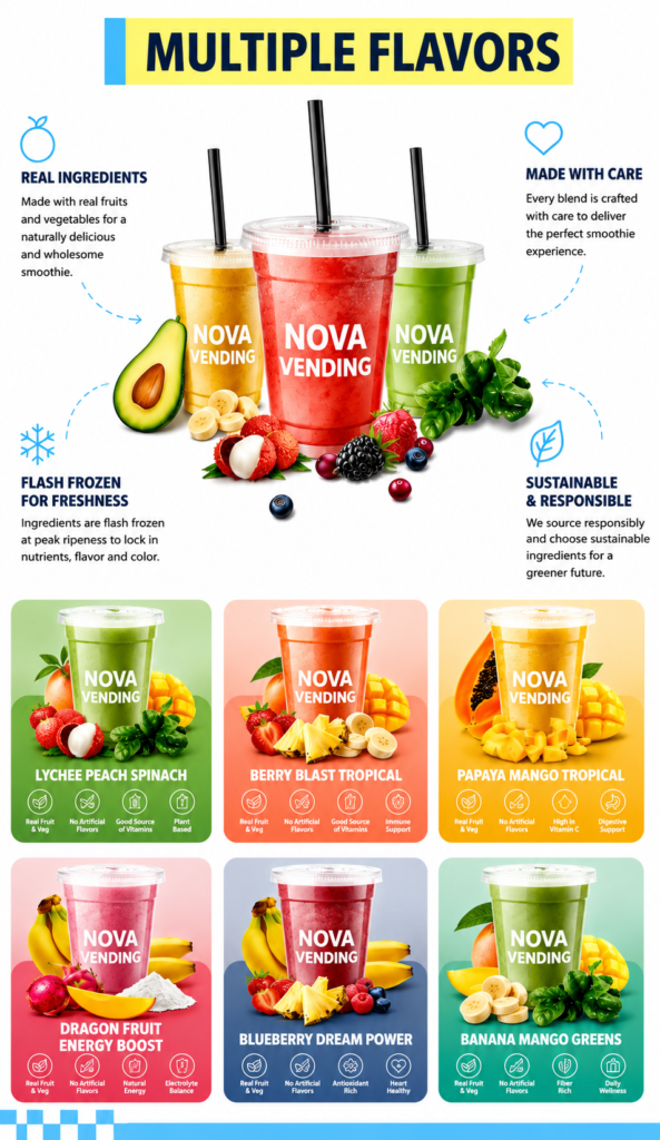Nova Vending fresh smoothie vending machine multiple flavors with real fruit, flash frozen ingredients, and healthy smoothie options
