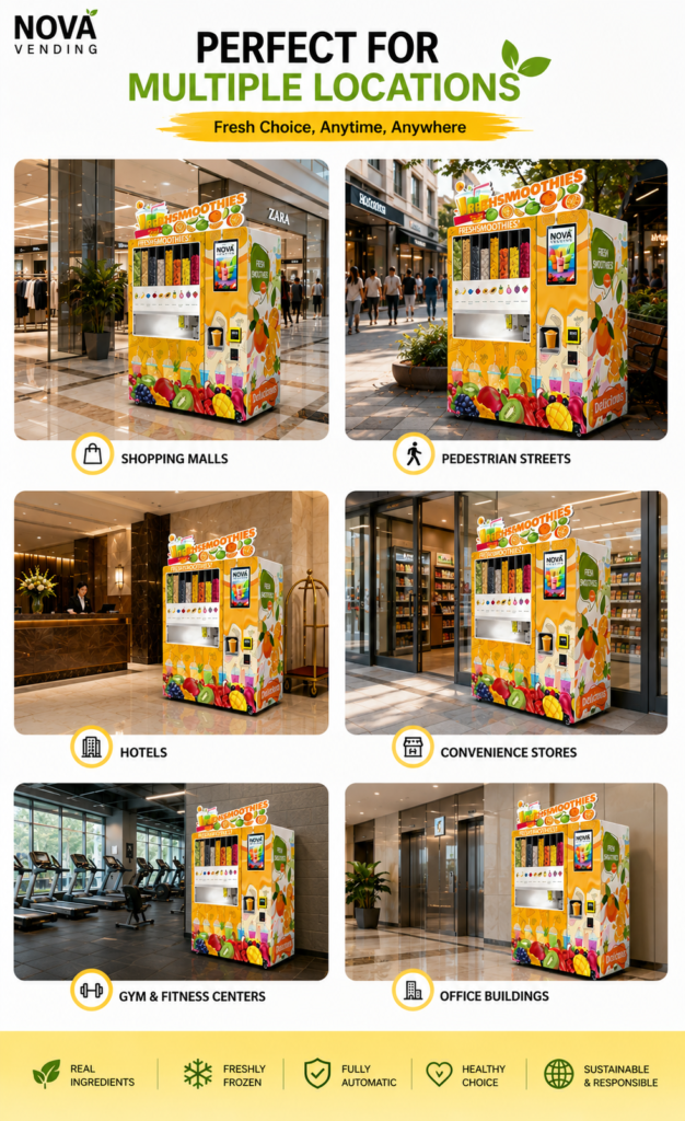 Nova Vending fresh smoothie vending machine suitable for shopping malls, streets, hotels, convenience stores, gyms, and office buildings
