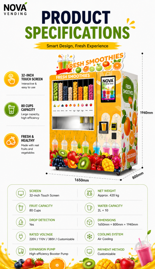 Nova Vending fresh smoothie vending machine product specifications with 32-inch touchscreen, 80-cup capacity, and 1650mm by 800mm by 1940mm dimensions