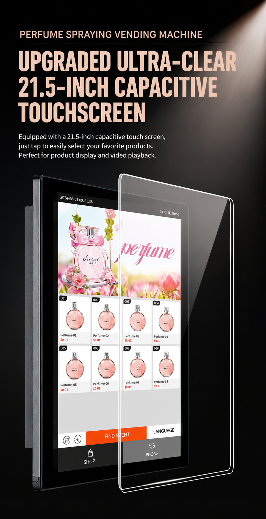 Nova Vending perfume vending machine with upgraded ultra-clear 21.5-inch capacitive touchscreen for product selection