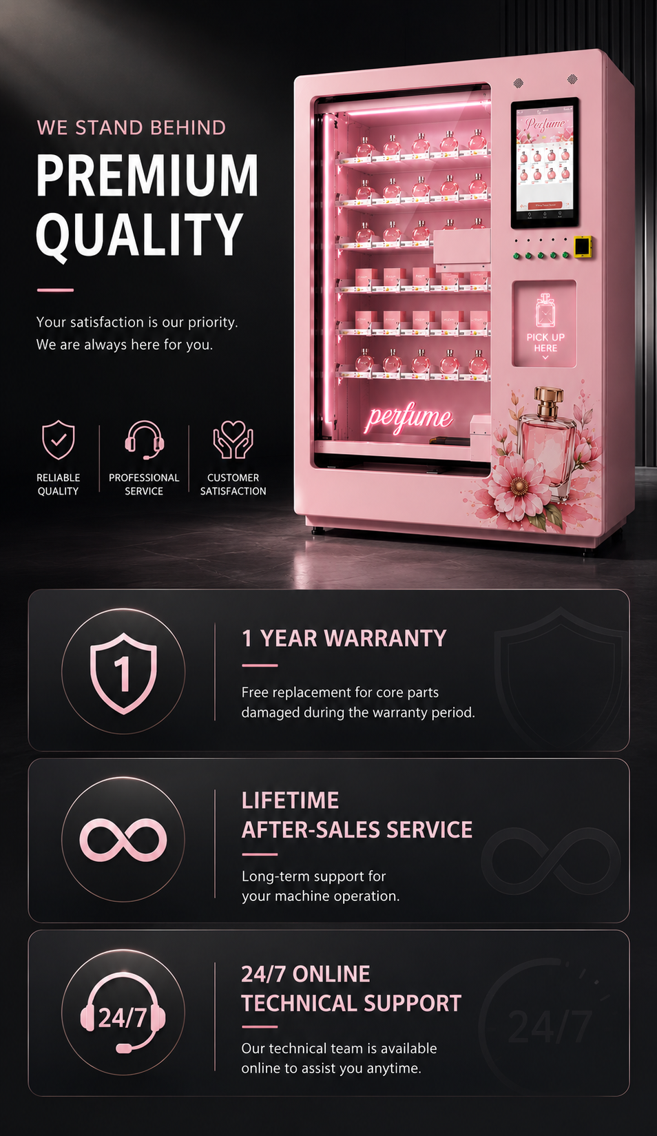 Nova Vending perfume vending machine after-sales service with 1-year warranty, core parts replacement, lifetime service, and 24/7 technical support