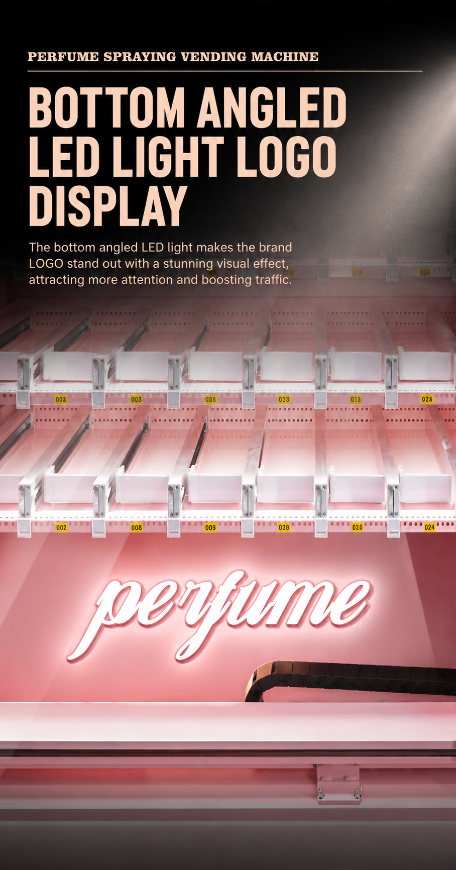 Nova Vending perfume vending machine bottom angled LED light logo display inside the product cabinet