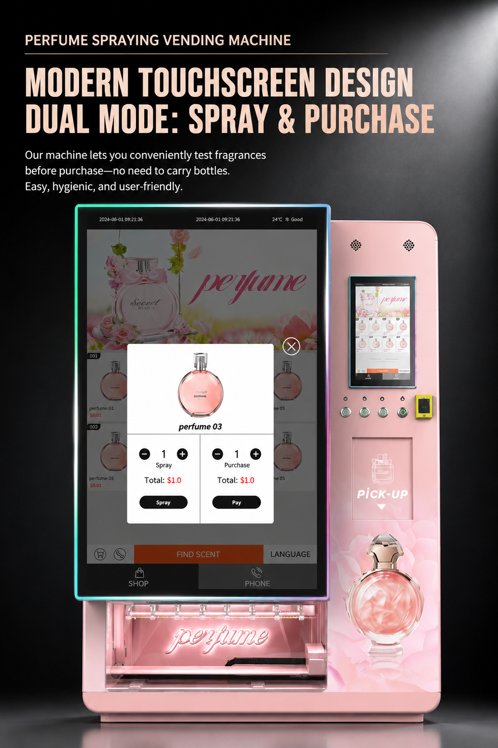 Nova Vending perfume vending machine touchscreen with dual mode for fragrance spray trial and perfume purchase