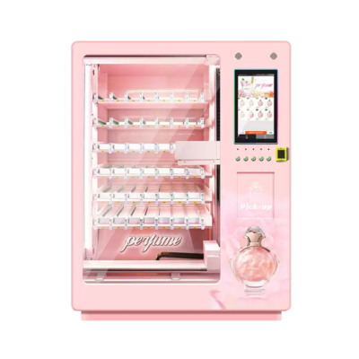 Nova Vending perfume vending machine front view with large display window, 21.5-inch touch screen, scent spray buttons, and pickup area
