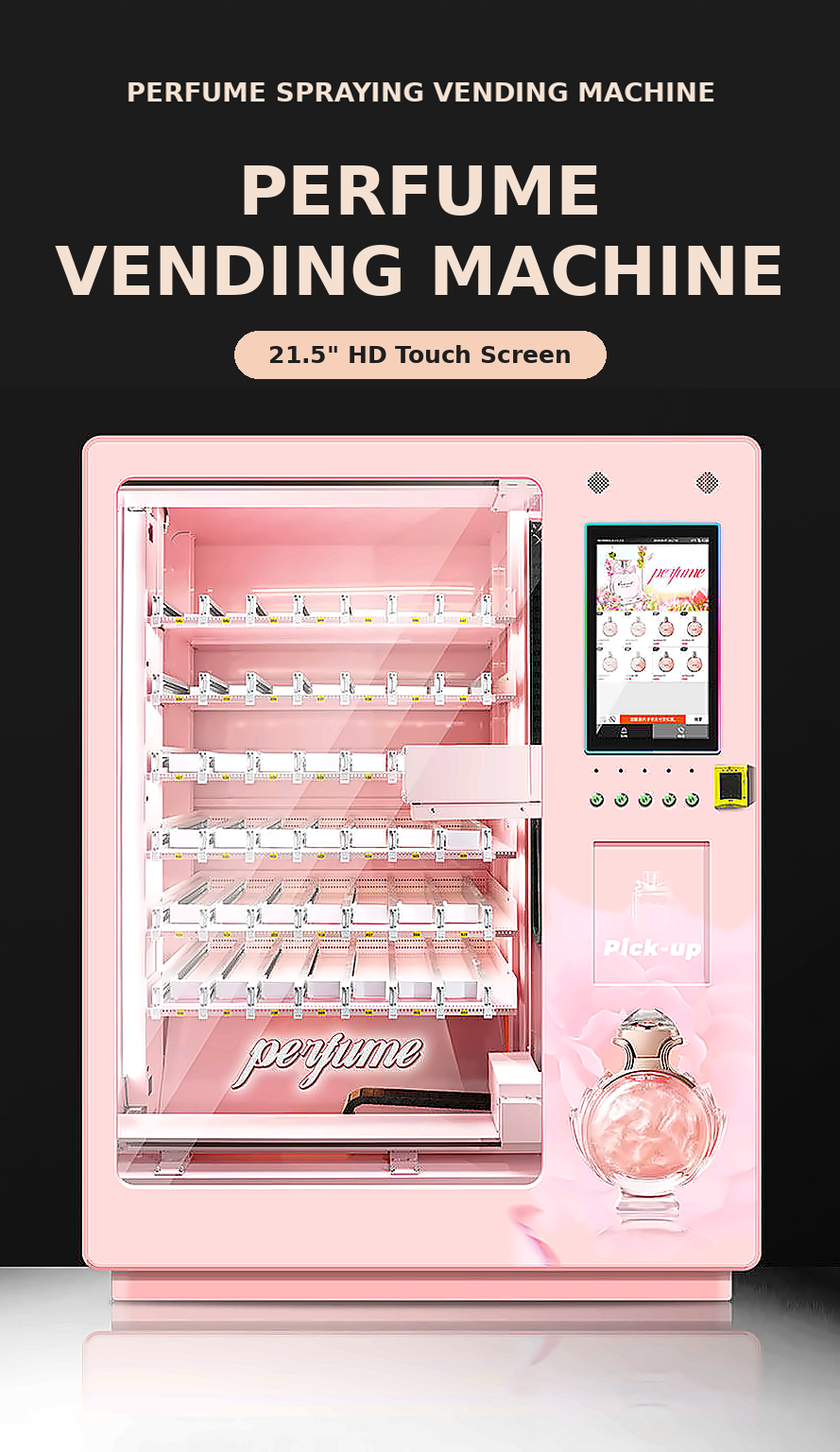 Nova Vending perfume vending machine with 21.5-inch HD touch screen, product display shelves, and pickup area