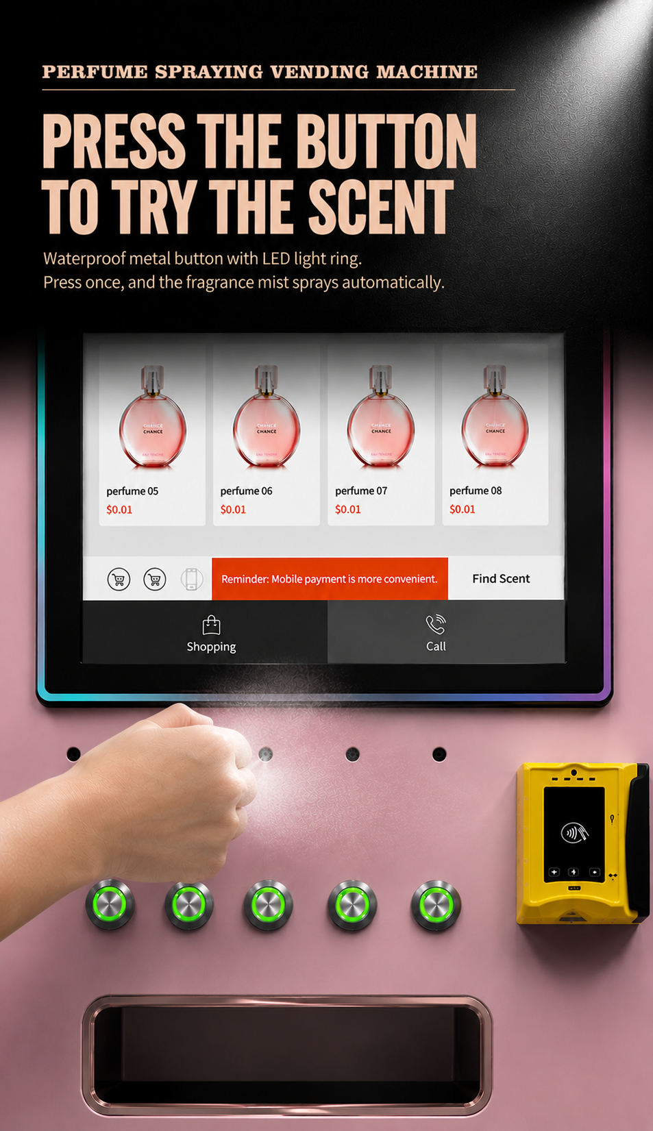 Nova Vending perfume vending machine press button to try scent with LED light ring, touchscreen, payment module, and pickup port