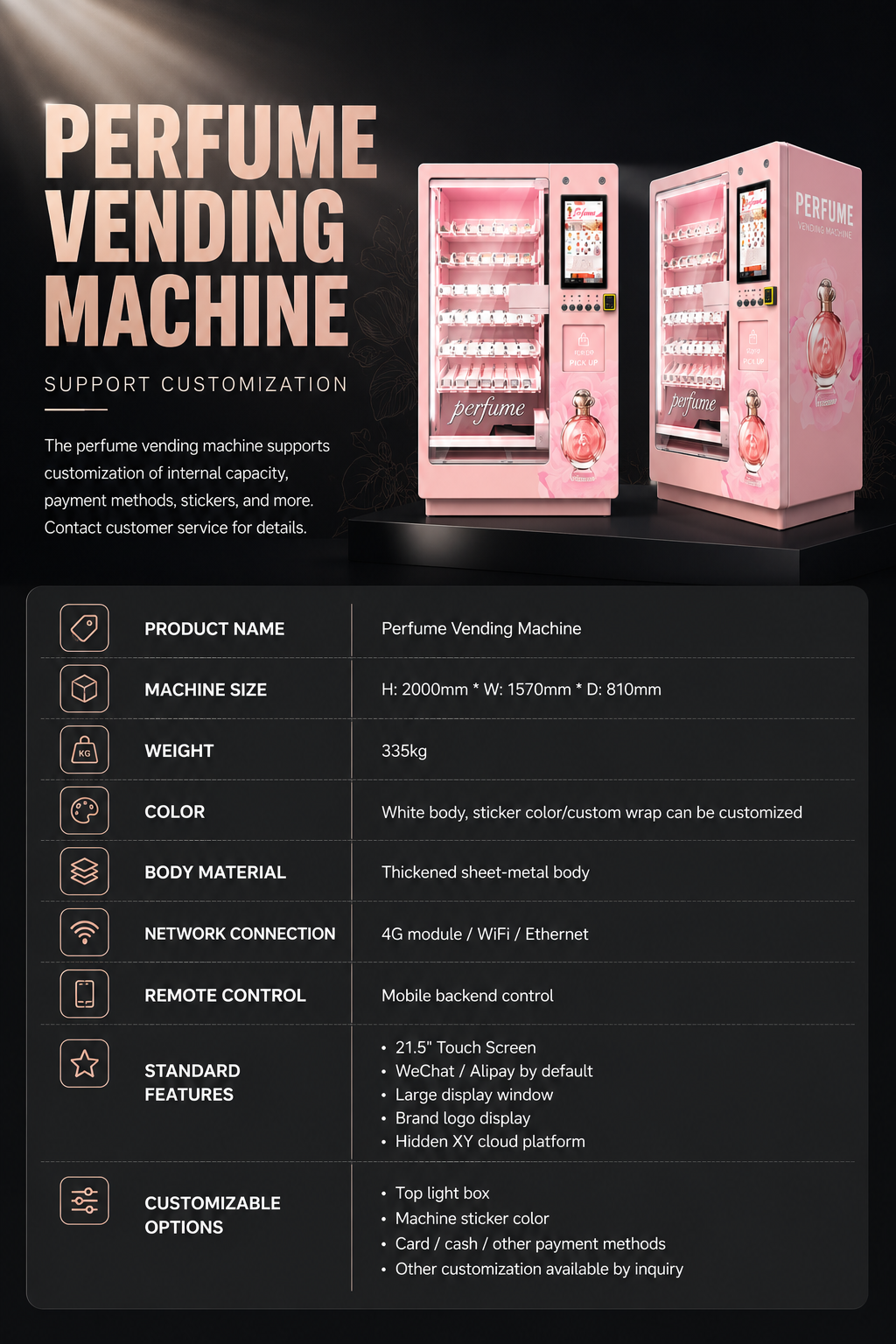 Nova Vending perfume vending machine specifications with 21.5-inch touch screen, 335kg weight, 4G WiFi Ethernet connection, and customizable options
