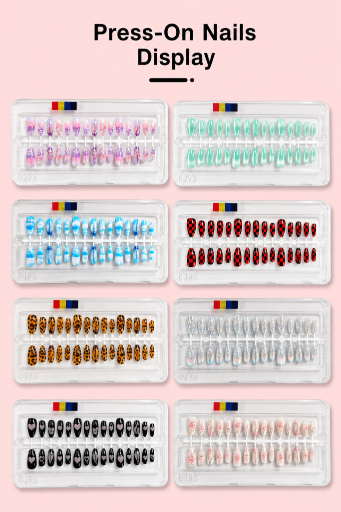 Nova Vending press-on nails vending machine nail display samples with multiple colors, patterns, and nail art styles