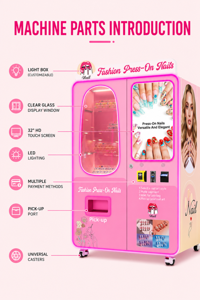 Nova Vending press-on nails vending machine parts introduction with light box, glass display window, 32-inch touch screen, LED lighting, payment methods, pickup port, and casters