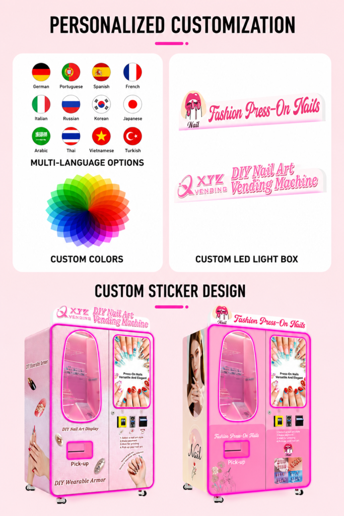 Nova Vending press-on nails vending machine personalized customization with multi-language options, custom colors, LED light box, and sticker design