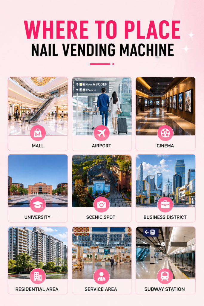 Nova Vending press-on nails vending machine placement locations for malls, airports, cinemas, universities, residential areas, and subway stations