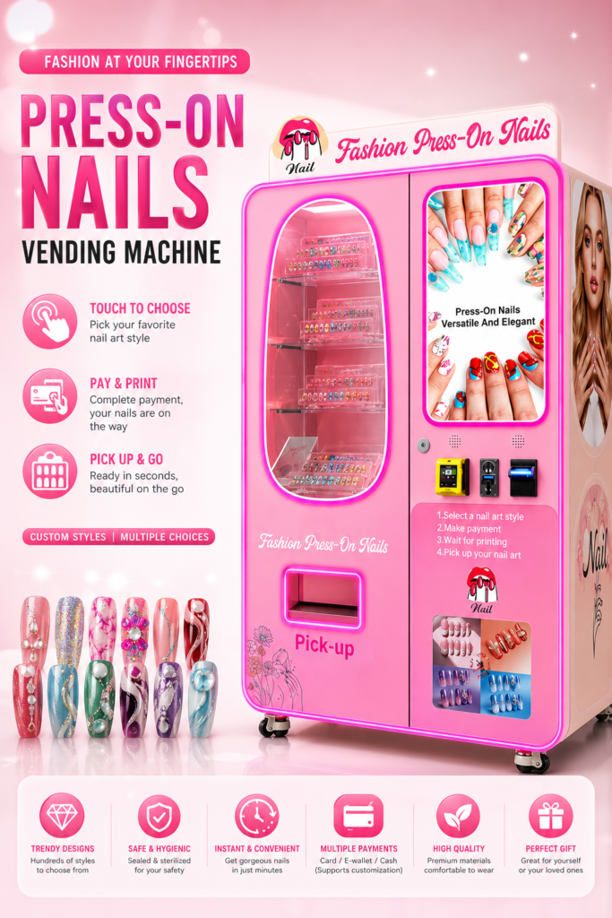 Nova Vending press-on nails vending machine with nail style selection, payment, printing, pickup area, and multiple nail designs