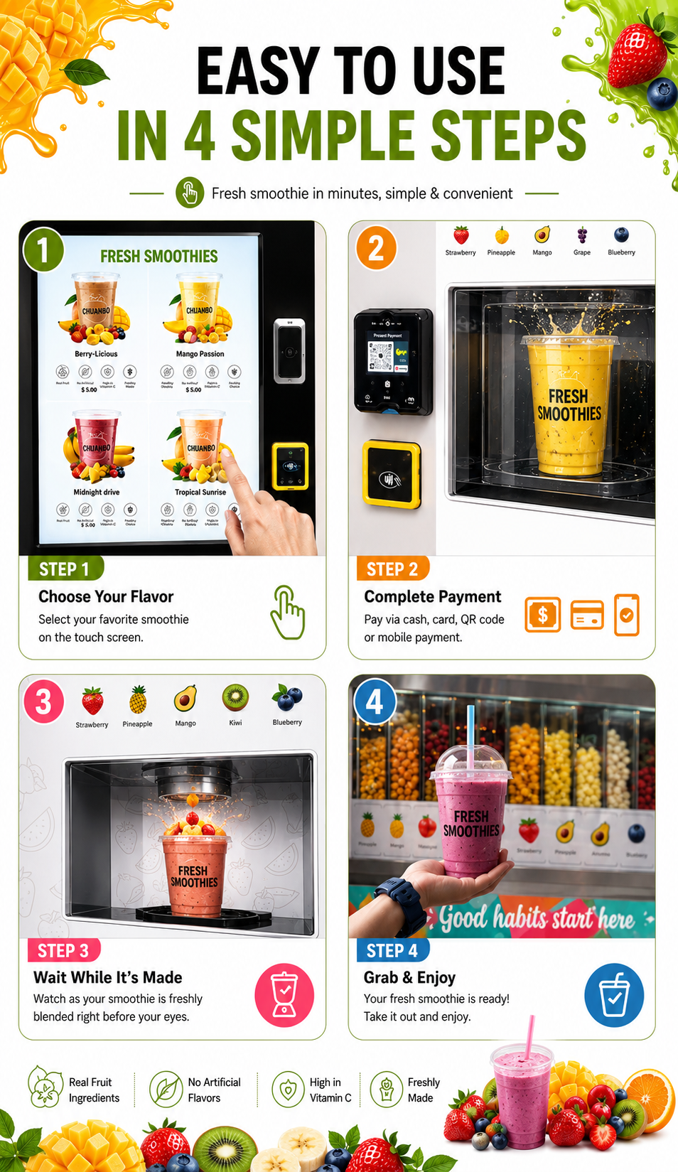 Nova Vending Fresh Smoothie Vending Machine with 4 simple steps: choose flavor, complete payment, wait while it is made, and grab the smoothie