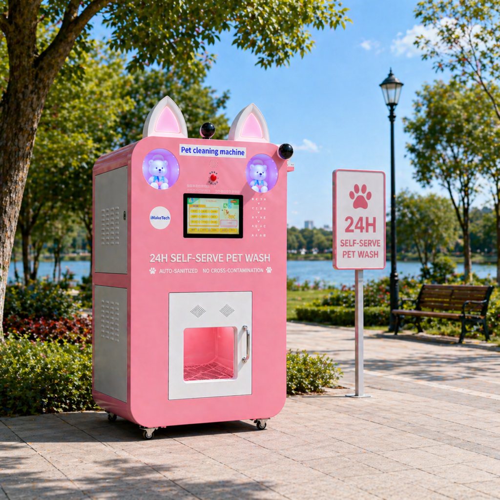 Nova Vending pet washing vending machine in outdoor park location for 24H self-service pet wash