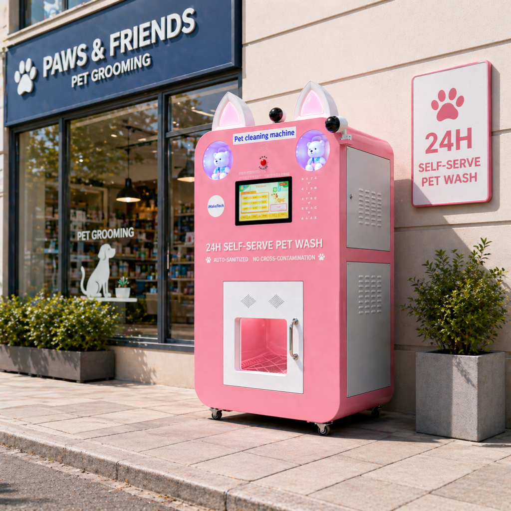 Nova Vending pet washing vending machine outside a pet grooming store for 24H self-service pet wash