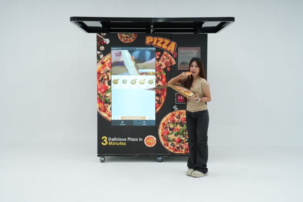 Nova Vending pizza vending machine studio demo with host eating hot pizza beside the machine