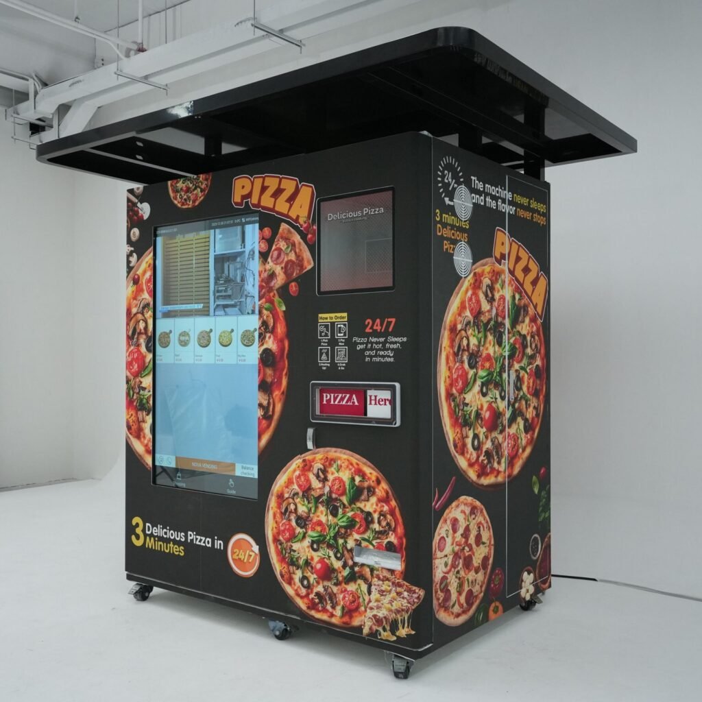 Nova Vending pizza vending machine studio product detail view with large touch screen, pizza-themed exterior, and pickup area