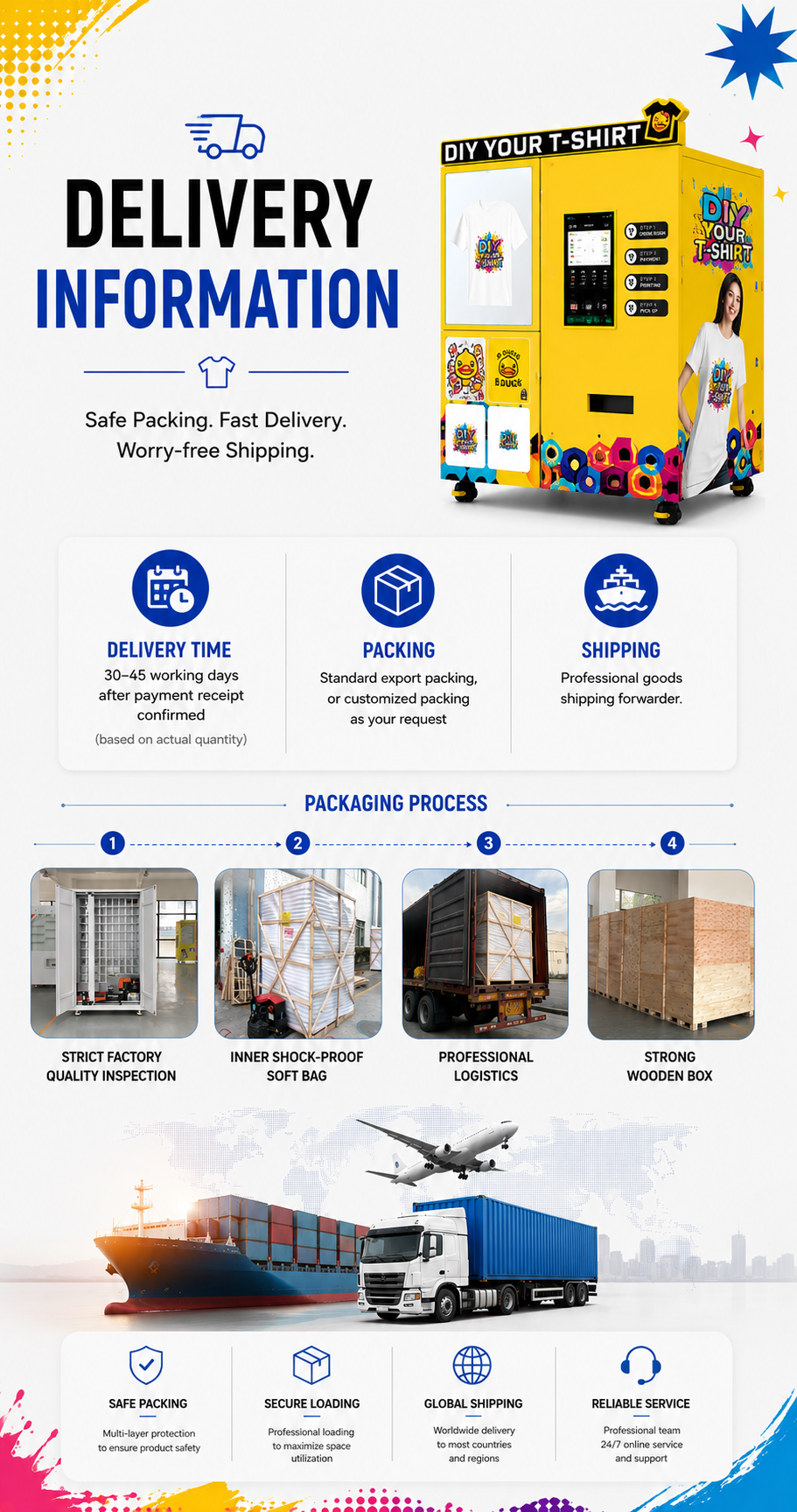 Nova Vending T-Shirt Printing Vending Machine delivery information with safe packing, 30–45 working days delivery, wooden box packing, and global shipping