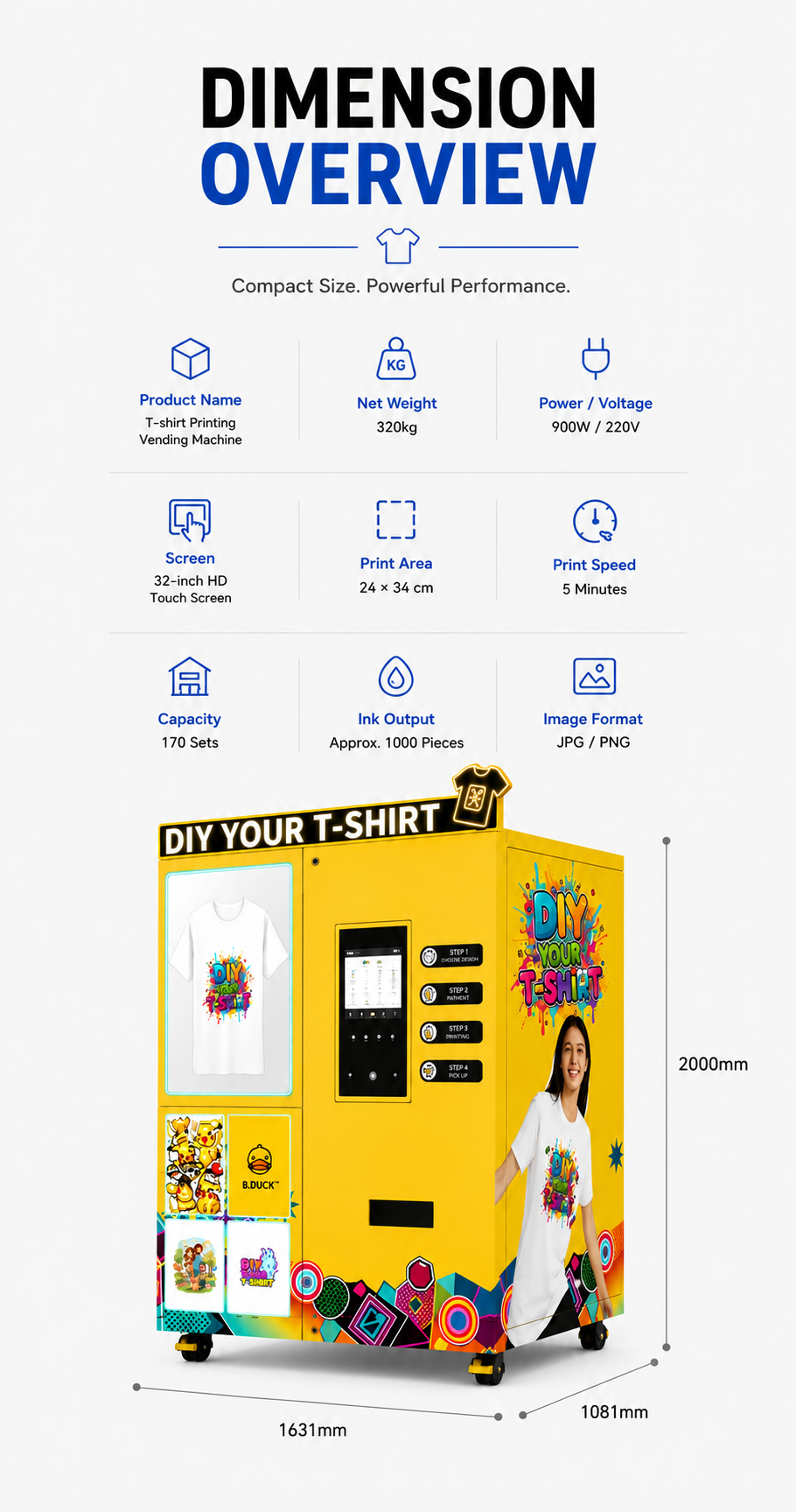 Nova Vending T-Shirt Printing Vending Machine dimension overview with 32-inch HD touch screen, 320kg weight, 900W power, and 2000mm height