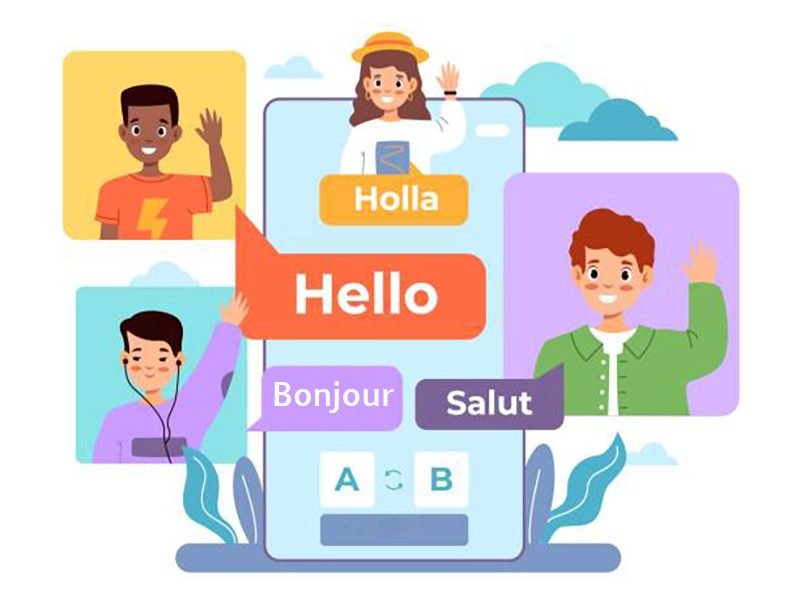 Multi language translator. Smartphone chat app, international multilingual communication, kids avatars and dialogue speech bubble, different salutation. Online vocabulary and dictionary vector concept